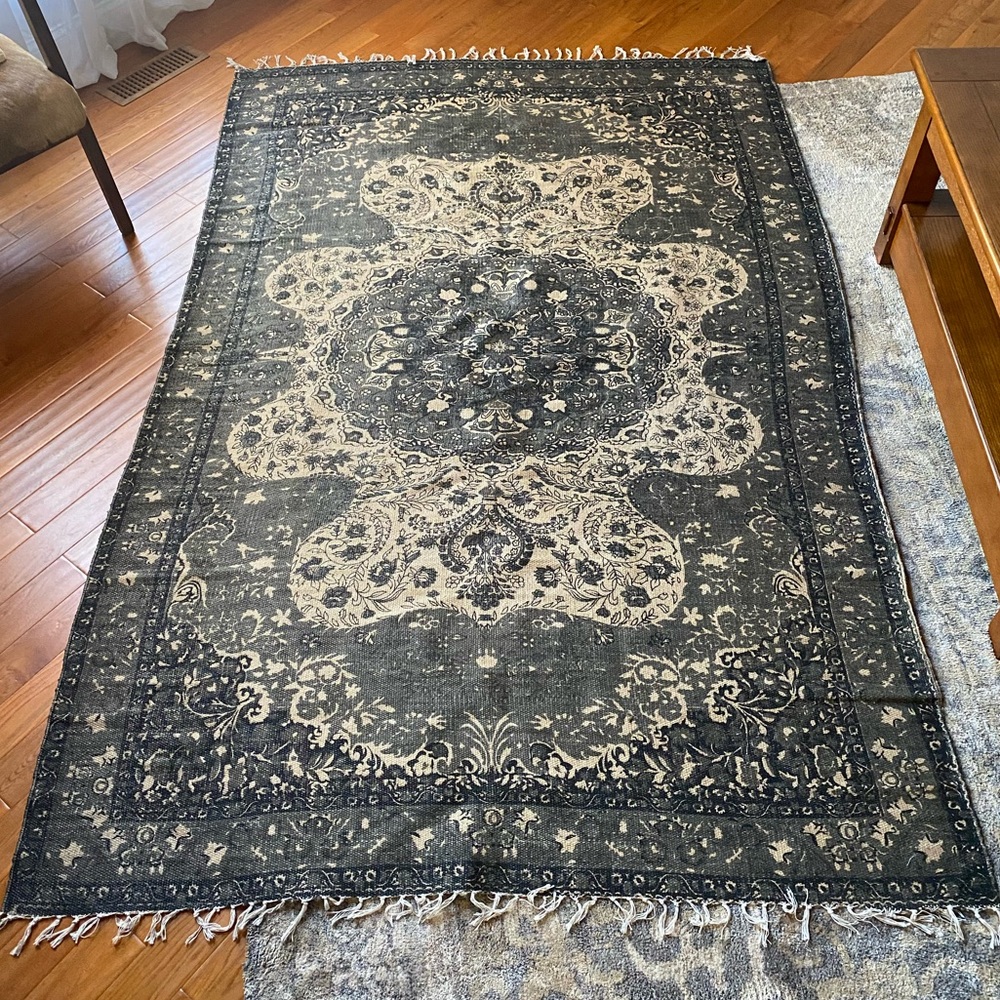 World Market tapestry rug dark green, black, gray and tan. Burlap-like material